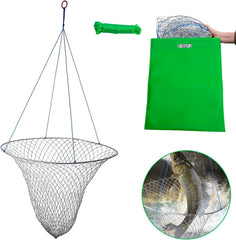 Drop net for pier fishing with a 32-inch diameter soft steel hoop
