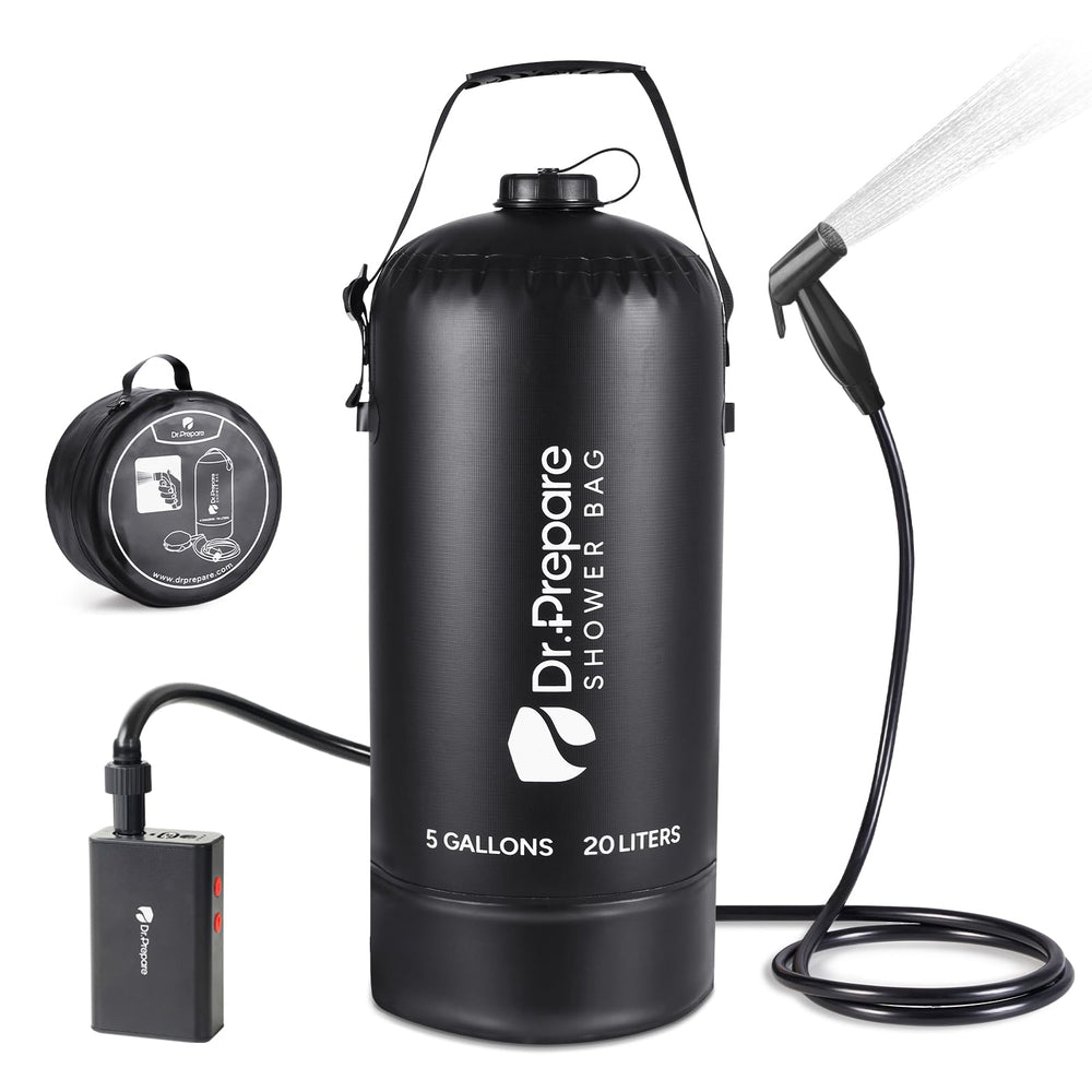 DR.PREPARE portable shower bag setup enables quick outdoor rinses on camping trips.