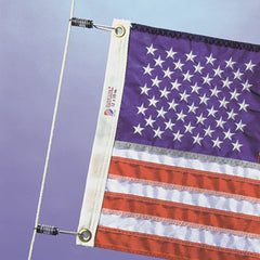 Close-up of stainless steel DU-BRO flag clips built for saltwater use.