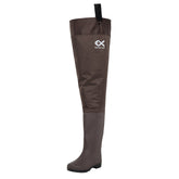 Duck and Fish brown wader side view showing waterproof hip boots for fishing.