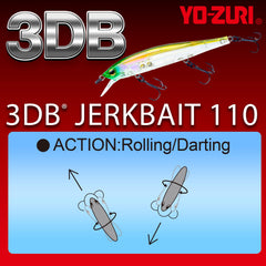 Yo-Zuri 3DB Jerkbait 110 dives to 3-5 feet, ideal for mid-depth bass presentations.
