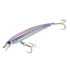 Duel Yo-Zuri Pins Minnow Purple 90mm lure ready for versatile casting in lakes.