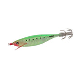 Duel Yo-Zuri Squid Aurora Green jig viewed from the top with luminous finish for night fishing.