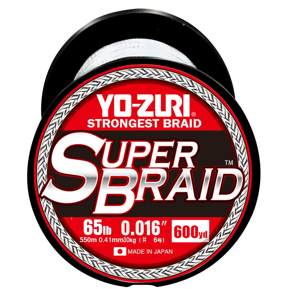 Duel Yo-Zuri Superbraid 600 yd white 65 lb spool; smooth, strong line for long casts.
