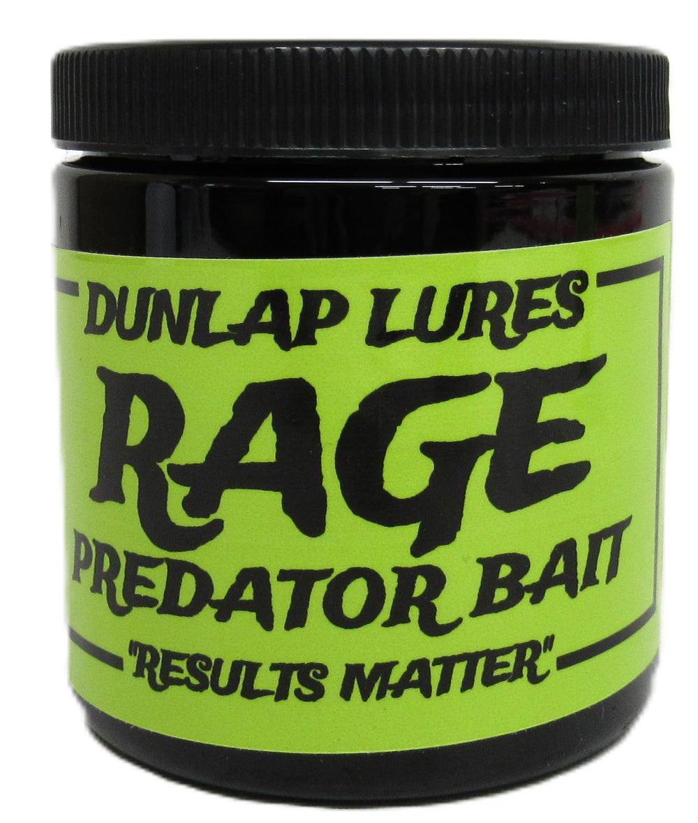 Dunlap's Rage Predator Bait jar with muskrat meat attracts coyotes, foxes, bobcats, and raccoons.