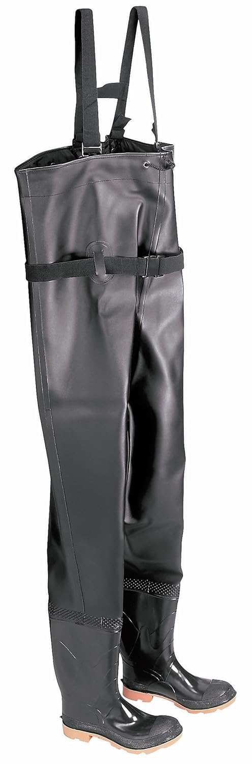 Dunlop chest wader with steel toe, black PVC, 100% waterproof, ideal for utilities and aquaculture tasks