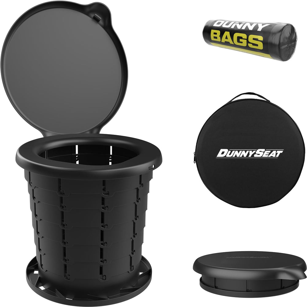 Dunny Seat portable toilet seat on a bucket lid for camping convenience.