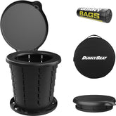 Dunny Seat portable toilet seat on a bucket lid for camping convenience.