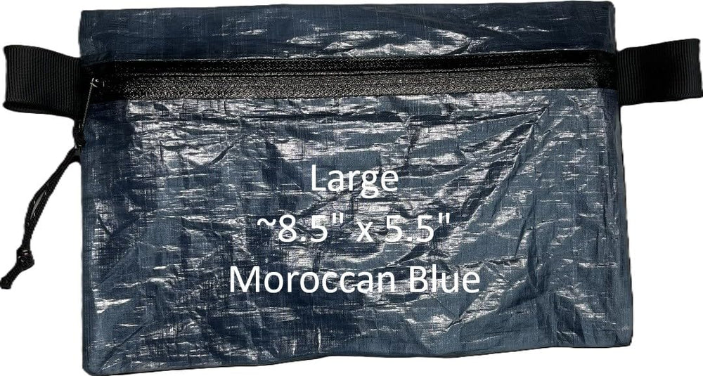 Dyneema zipper pouch large Moroccan blue close-up emphasizes lightweight durability for travel