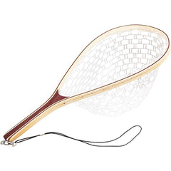 Dytesa wooden-handled rubber-mesh fishing net catching trout with a gentle release.