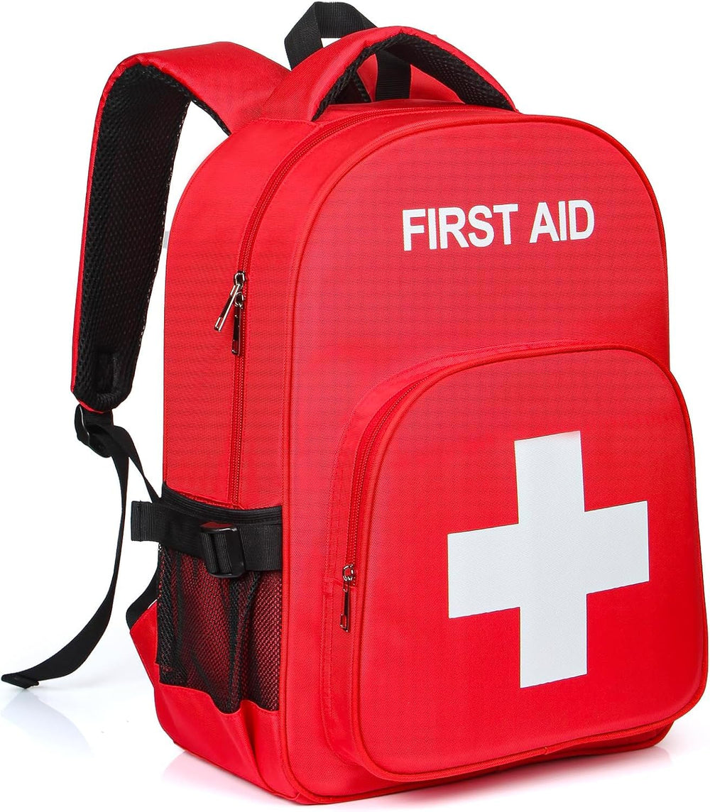 E-HORDE empty first aid backpack front view with reflective logo for quick identification.