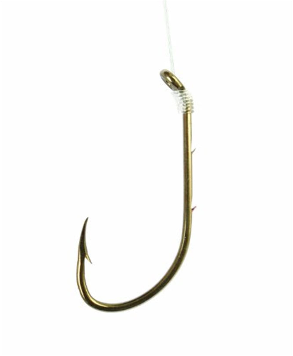 Eagle Claw 139H-2/0 baitholder hook bronze finish closeup, ideal for pre-tied snelled rigs.