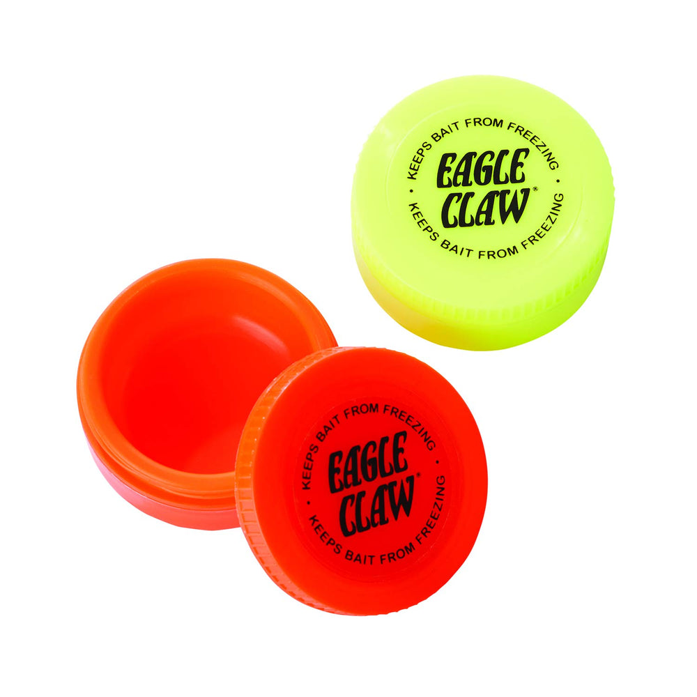 Eagle Claw Bait Pucks pair demonstrates compact, organized bait storage for ice fishing.