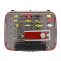 Eagle Claw Glow Ice Jig Kit with glow jigs and charging light for better underwater visibility.