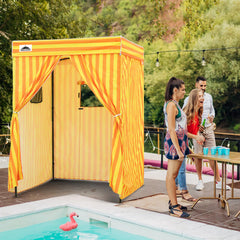 EAGLE PEAK Flex Compact 5x5 canopy with open entrance enables quick, private changing.