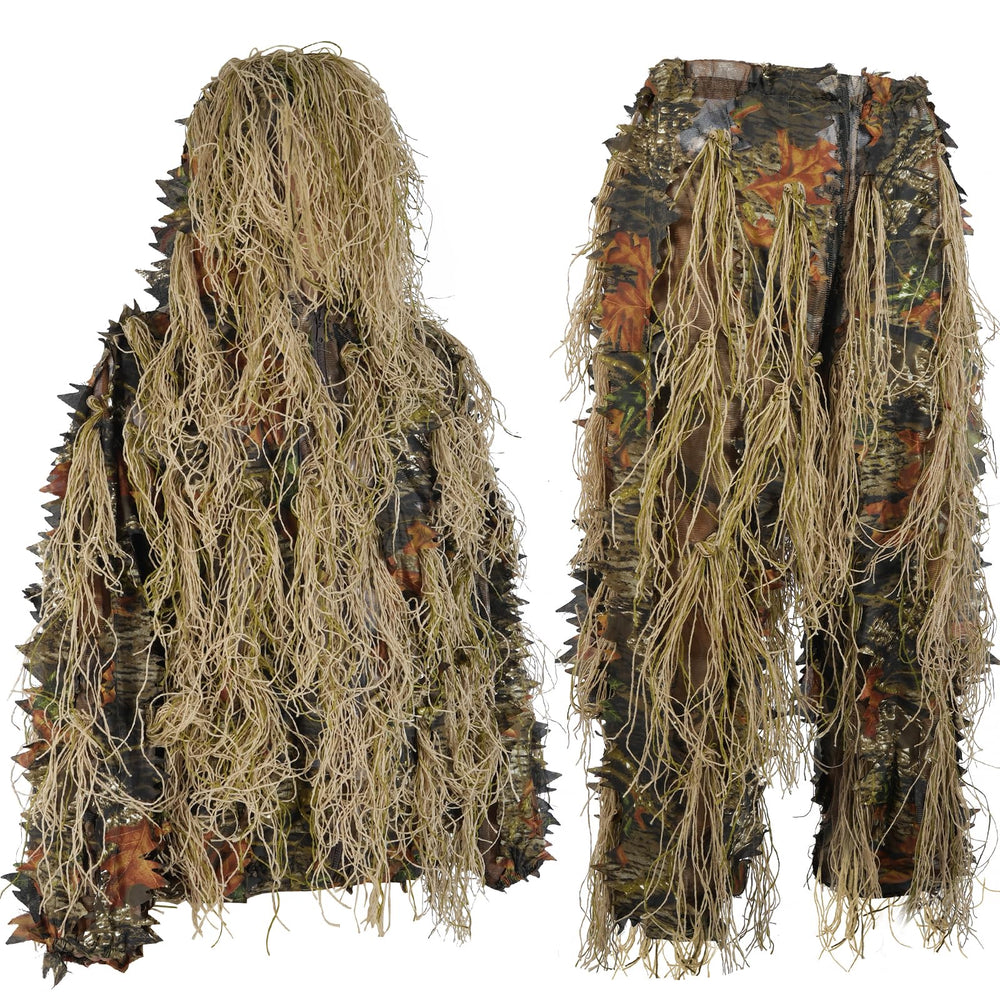 EAmber Ghillie suit 3D leaves jacket highlights lifelike camouflage for woodland hunts.