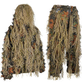 EAmber Ghillie suit 3D leaves jacket highlights lifelike camouflage for woodland hunts.