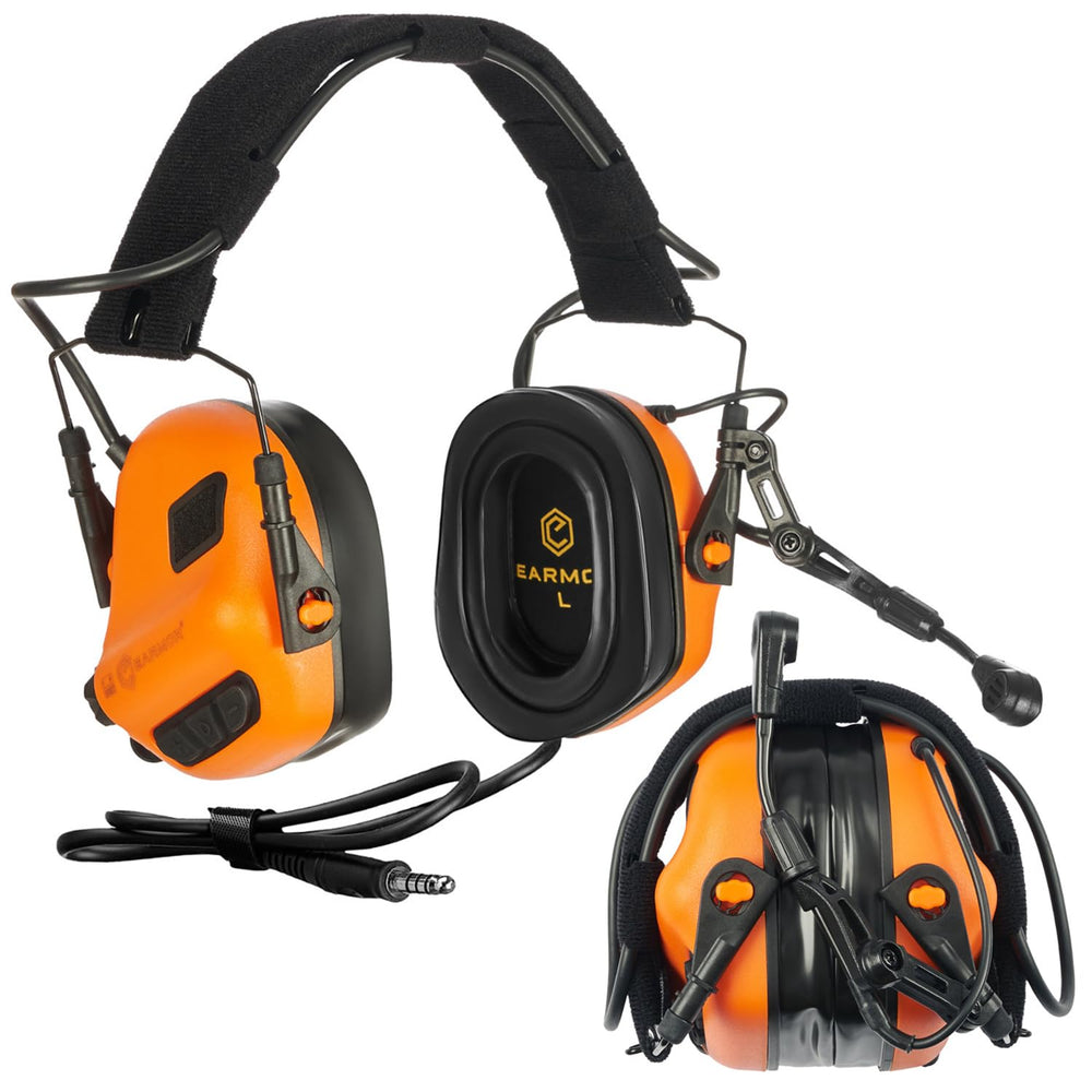 EARMOR M32 Plus tactical headset on helmet demonstrating rugged use with clear audio.