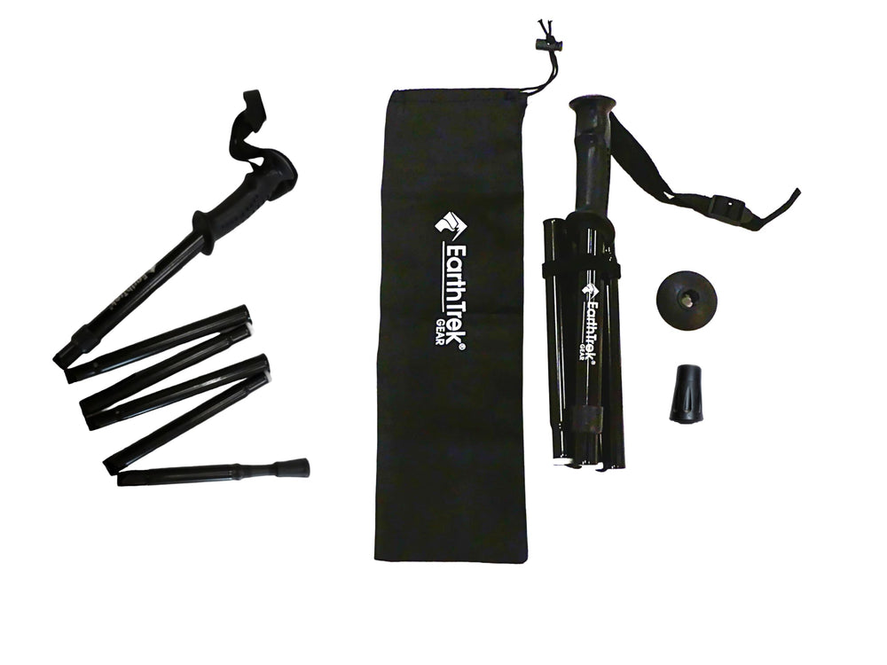 EarthTrekGear folding trekking pole folded compactly for travel and storage.