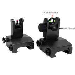 Eastern Tactical Supply flip-up iron sight rear deployed for rapid engagement