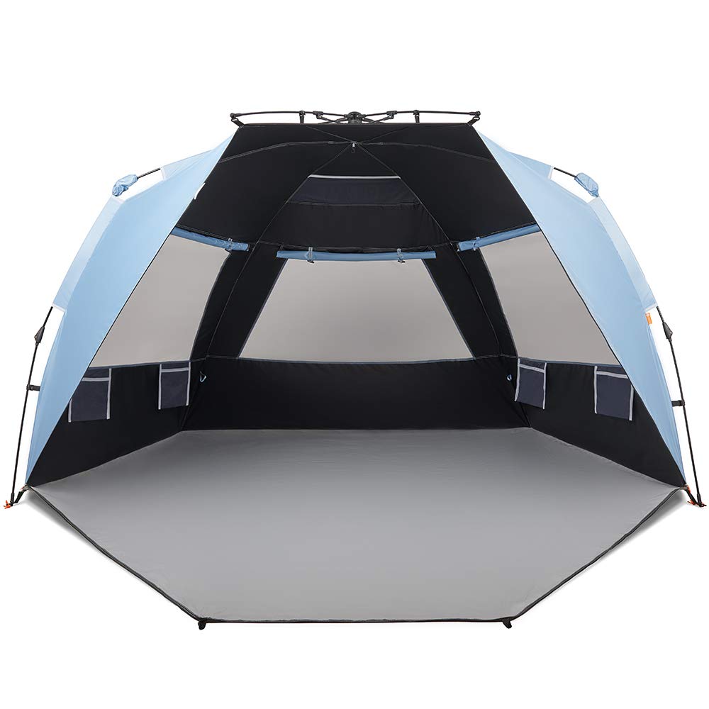 Easthills Outdoors Instant Shader setup shows quick beach shelter assembly for sun protection