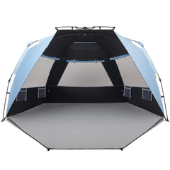 Easthills Outdoors Instant Shader setup shows quick beach shelter assembly for sun protection