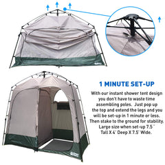 Two-door entrance of EasyGo shelter opens to reveal dual-room layout for shower and changing.