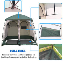 Inside view of EasyGo shower shelter showing two rooms and storage pockets.