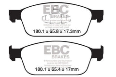 EBC Yellowstuff 4000 side view brake pad, synthetic compound minimizes rotor wear and dust residue.