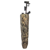 Eberlestock Side Scabbard Bolt Sniper Mirage mounted on pack side for quick rifle access.