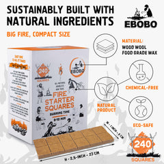 EBOBO fire starter cubes for BBQ ignition, fast lighting even with wind.