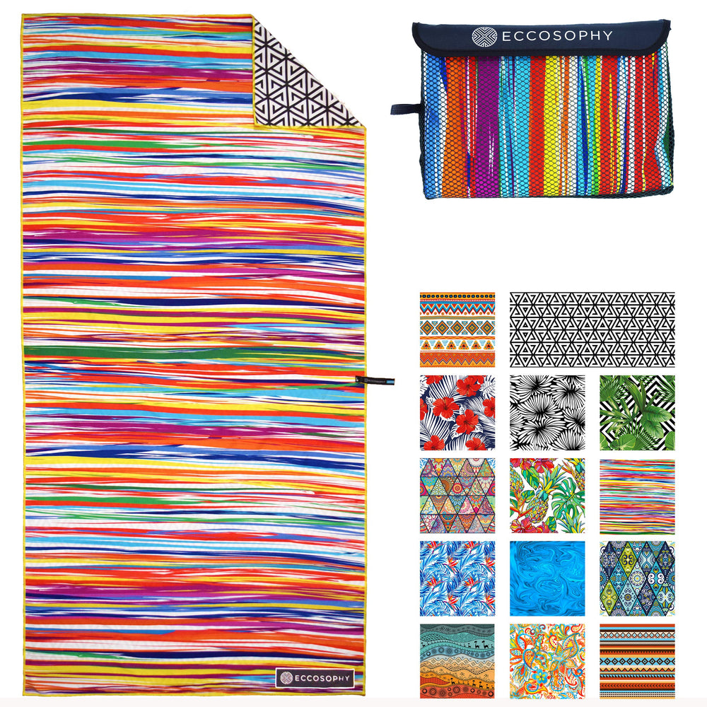 ECCOSOPHY microfiber beach towel sand-free upper view shows clean travel-ready quality.