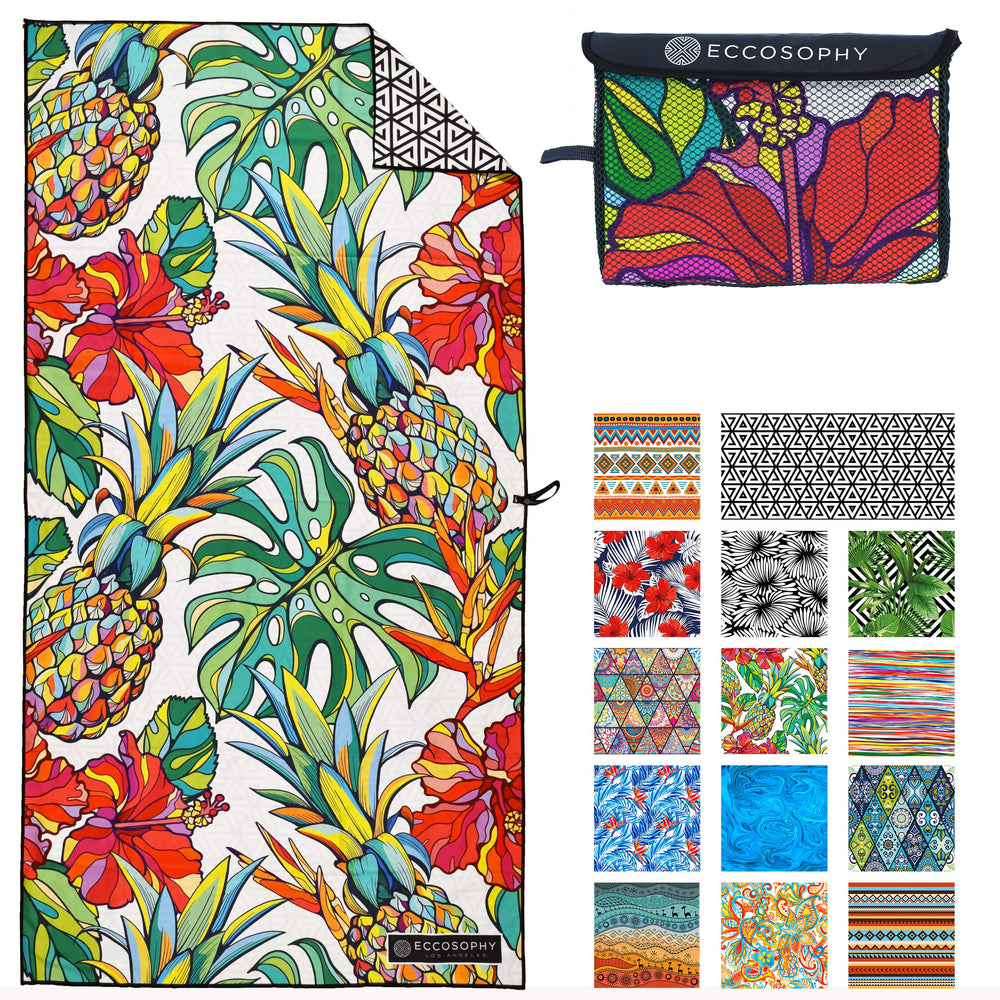 ECCOSOPHY microfiber beach towel sand-free on the shore keeps gear clean.
