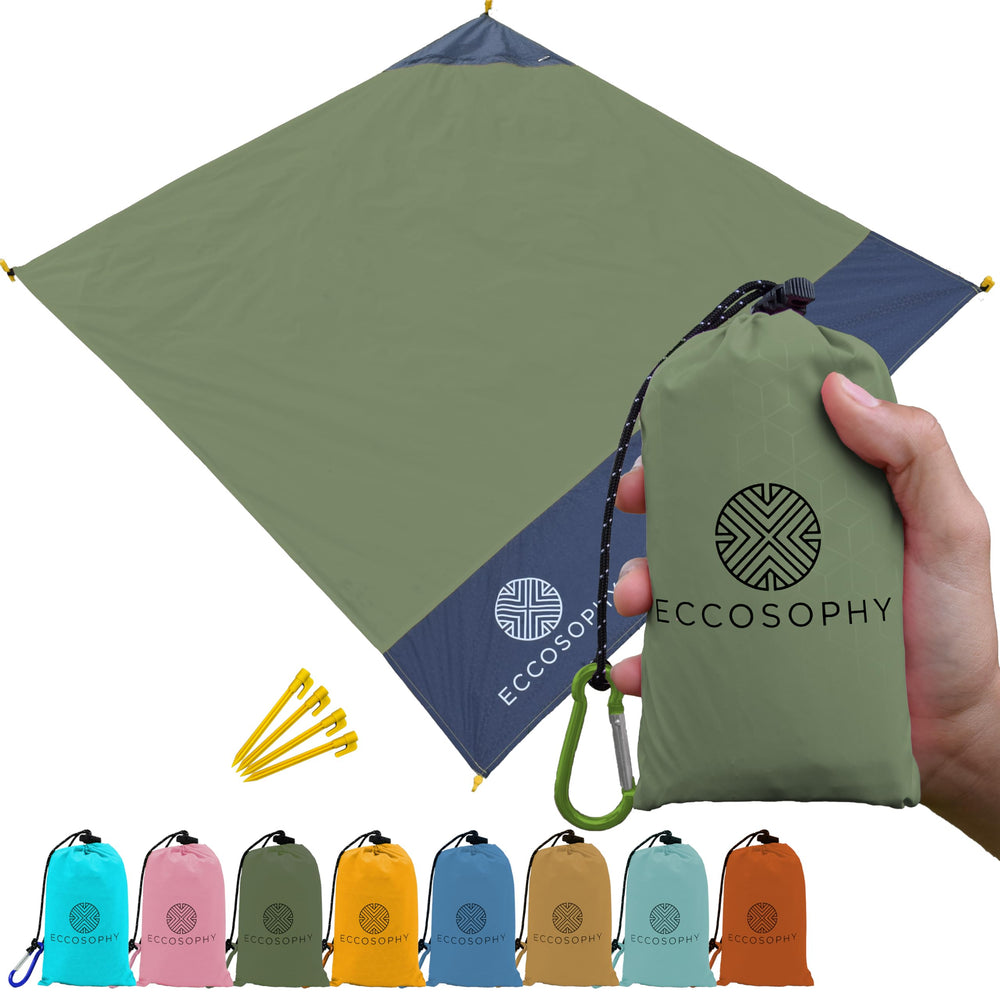 ECCOSOPHY olive sand-proof blanket folded in carry pouch for easy travel.
