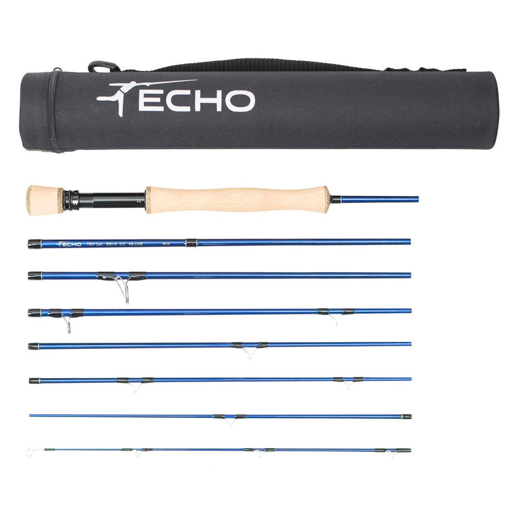 Echo Trip Trout 5-9ft rod assembled for travel, portable setup for river trips.