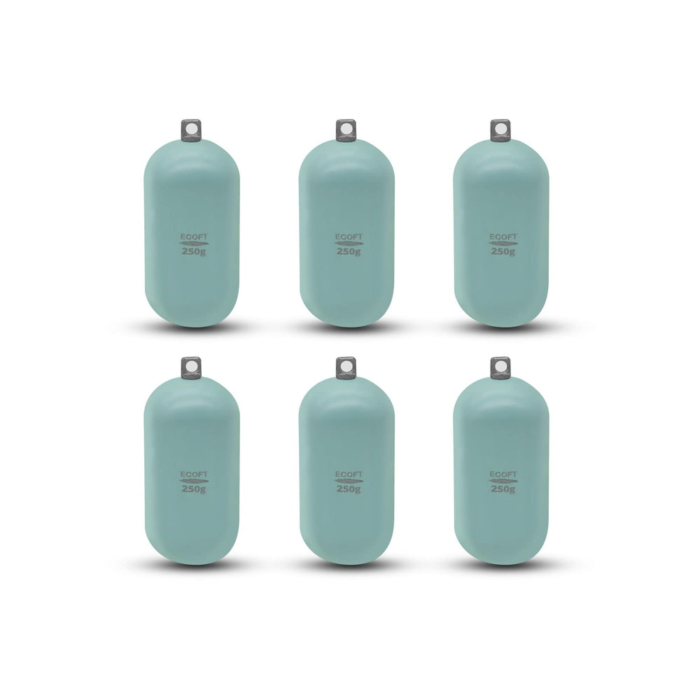 ECOFT alloy steel cylindrical weight 250g six-pack packaged for freshwater or saltwater fishing.