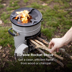 EcoZoom Rocket Stove charcoal-fuel-burn demonstrates versatile fuel options for off-grid meals.