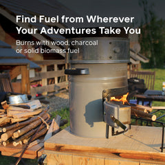EcoZoom Rocket Stove wood-biomass-fire showcases biomass versatility for outdoor cooking.