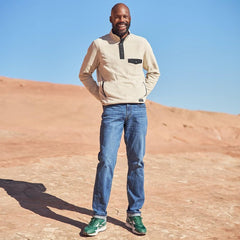 Eddie Bauer Chutes Snap Mock worn-on-model demonstrates versatile layering for cool days.