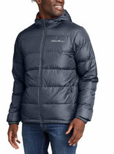 Eddie Bauer men's hooded down jacket gray XXL worn by model outdoors for reliable warmth