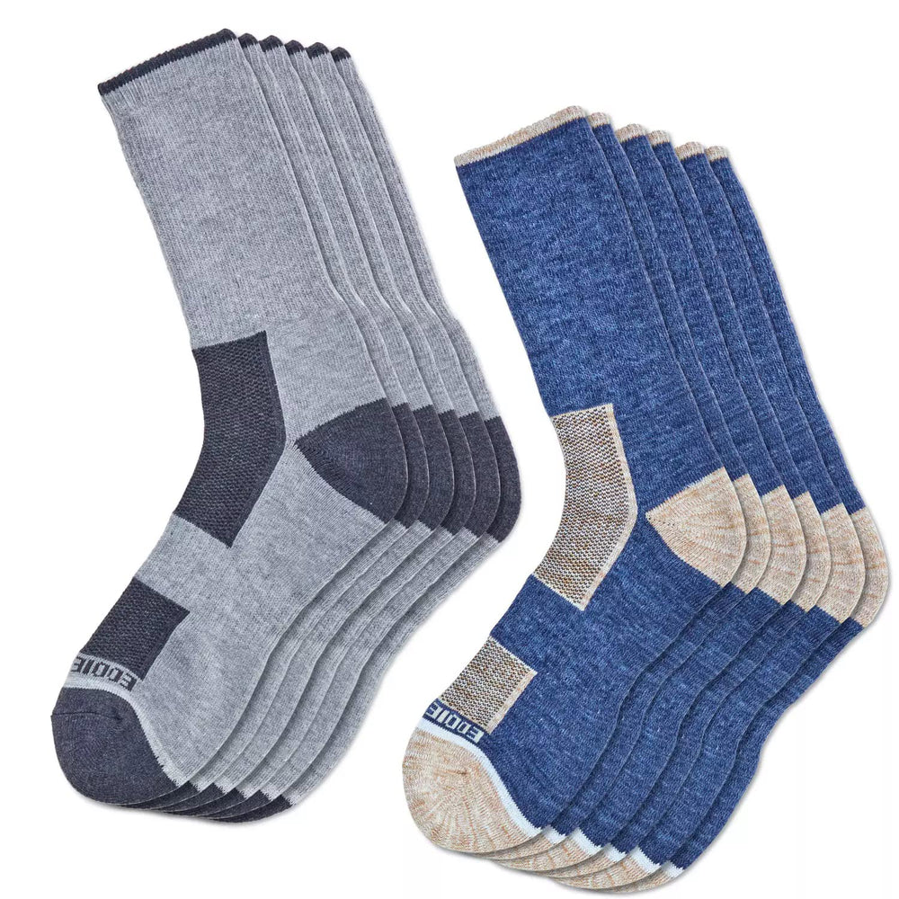 Eddie Bauer men's trail socks six-pack with a cushioned sole for all-day hiking comfort.