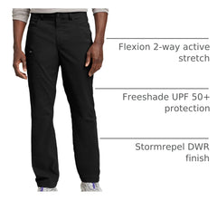 Eddie Bauer Rainier Lined Pants stormrepel finish shown for moisture shedding durability.