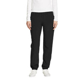 Eddie Bauer women's fleece-lined pants closeup shows StormRepel water repellency for wet commutes