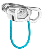EDELRID Nano JUL brake device front view, durable stainless steel for reliable belaying.