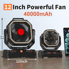 EEIFO camping fan with LED lantern on for ambient light and breeze at night