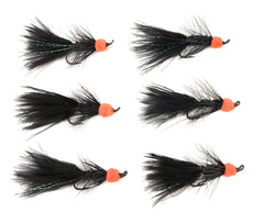 Close-up of egg-sucking leech showing Chenille body and orange tip resembling a fish egg