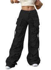EHYFFYH wide-leg cargo pants front view in black, versatile daily wear.