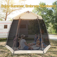 EighteenTek screen house gazebo ground stakes demonstrate stable setup in windy conditions.