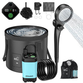 Eioehtl portable shower with LED display shows temperature and power status for outdoor use.