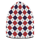 Eionryn Patriotic Red Navy Argyle Beanie front view, warm knit comfort for chilly days